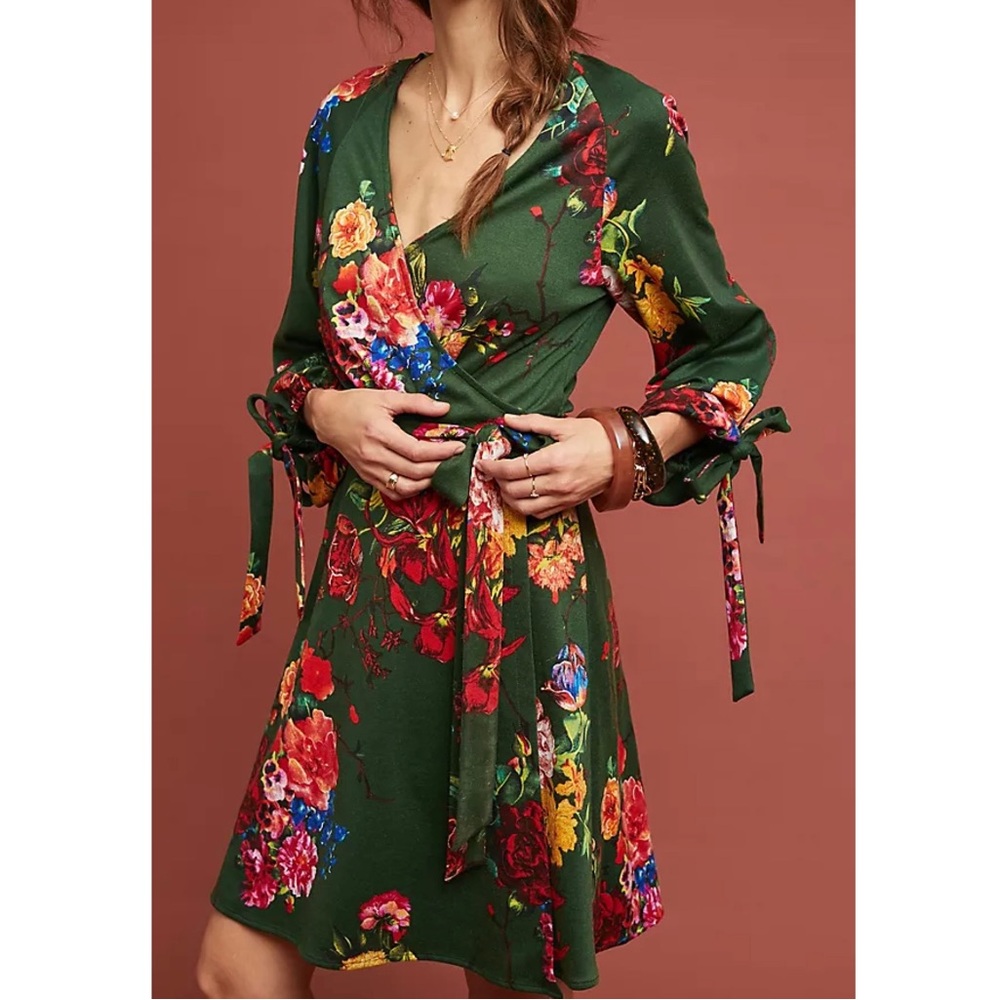 Anthropologie Eva Franco Dahlia Wrap Dress Green Floral Tie Waist NWT Size Large